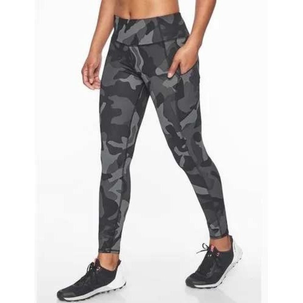 Athleta Contender Leggings Womens S‎ Grey Camo High Rise Zipper Pockets Athletic